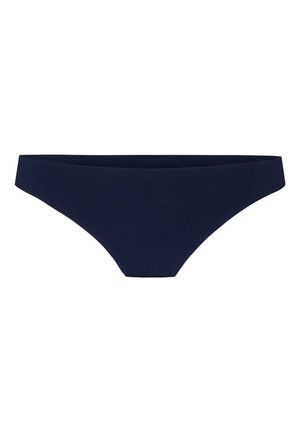 Slip bikini blu navy senza cuciture con vestibilità a vita bassa e bordi puliti su sfondo bianco.