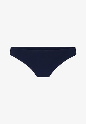 Slip bikini blu navy senza cuciture con vestibilità a vita bassa e bordi puliti su sfondo bianco.