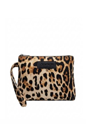 Piccola pochette rettangolare da polso con motivo leopardato ed etichetta nera "4GIVENESS" sul davanti, con cinturino da polso abbinato.