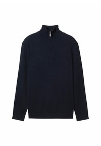 Granatowy sweter typu half-zip wykonany z miękkiego materiału, z wysokim kołnierzem, długimi rękawami oraz ściągaczami przy mankietach i dole.