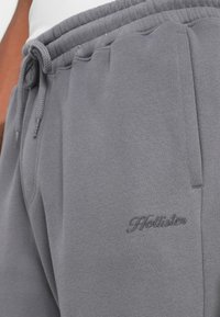 Kratak prikaz sivih trenirki s elastičnom trakom u struku, vezicom, bočnim džepom i suptilnim izvezenim logotipom "Hollister" na butini.