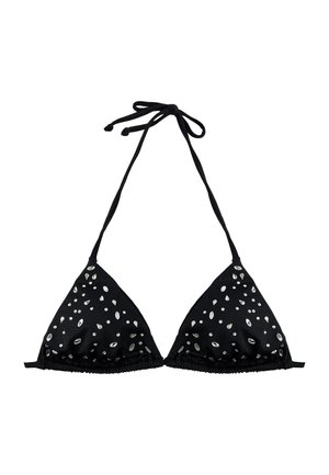 Haut de bikini triangle noir avec ornements argentés en forme de larme et ronds, avec un col halter et des liens à nouer dans le dos.