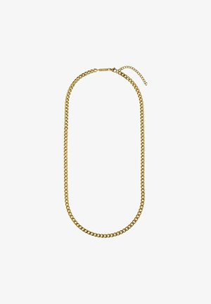 Goldkette mit einem glatten, miteinander verbundenen Glieddesign und einer strukturierten Oberfläche. Enthält einen Verschluss und eine verstellbare Verlängerungskette.