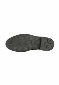 Suola di scarpa in gomma nera con un motivo di grip testurizzato composto da forme rettangolari e triangolari, bordi curvi e un centro circolare.