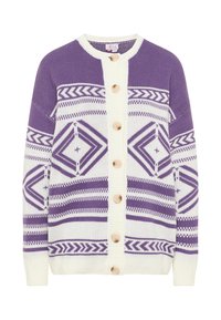 Fialový a krémový pletený cardigan s geometrickými vzory, dřevěnými knoflíky a zaobleným výstřihem s žebrovanými manžetami a lemem.