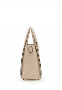 Beige tas met een gestructureerd ontwerp, voorzien van een zachte textuur, dubbele handvatten aan de bovenkant en contrasterende zwarte afwerking langs de randen.