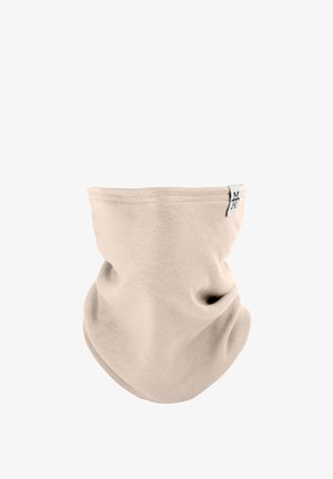 Beige neck gaiter made of soft fabric, featuring a seamless design and small logo tag on the side. Smooth texture with slight stretch.