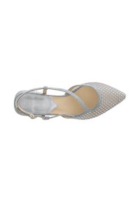 Zapato de punta afilada con una parte superior de malla plateada, diseño de tiras entrecruzadas y una plantilla interior lisa en color beige. Patrón texturizado sutil en la malla.