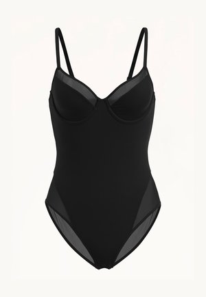 Zwart badpak met één stuk, voorzien van doorschijnende meshpanelen, verstelbare schouderbanden en een gestructureerde buste met ondersteuning door roestvrijstalen beugels.