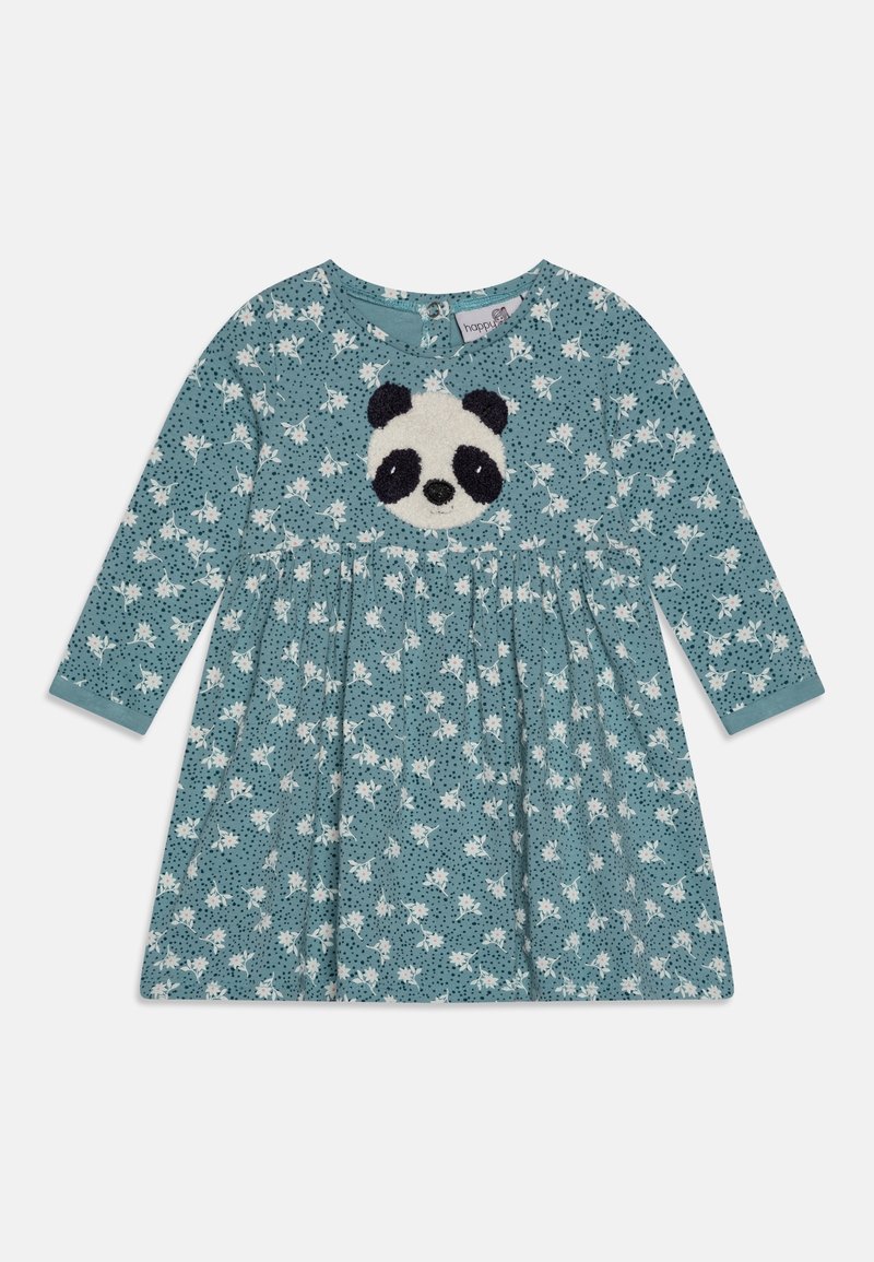 Šaty s dlouhým rukávem v tyrkysové látce s bílým květinovým vzorem. Na hrudi má aplikaci s plyšovým medvědem panda. Sukně je rozšířená.