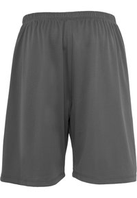Grå idrettsshorts laget av pustende mesh-stoff, med elastisk livlinning, løs passform og sydd kanter. Ingen lommer synlige.