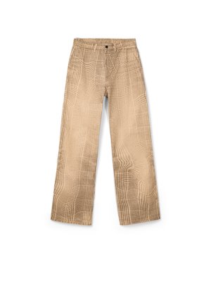 Beżowe spodnie z wysokim stanem i szerokimi nogawkami, w subtelny wzór w kratę, z zapięciem na guziki i zamek błyskawiczny oraz szlufkami na pasek.