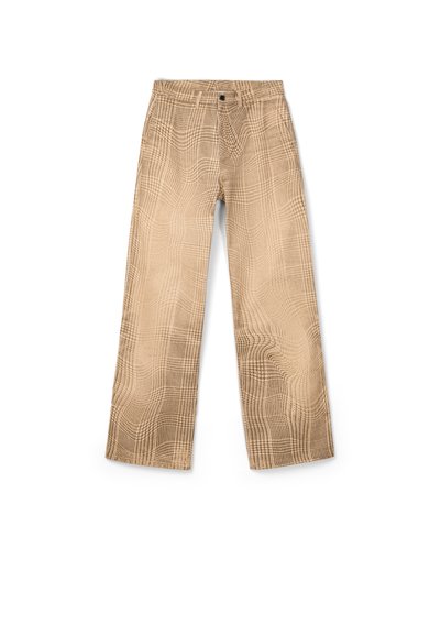 Pantalon beige taille haute à jambes larges avec un motif à carreaux subtil, fermeture par bouton et fermeture éclair, et passants pour ceinture.