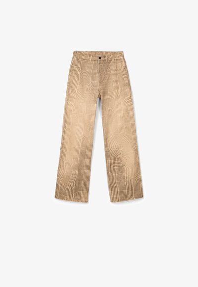 Pantalon beige taille haute à jambes larges avec un motif à carreaux subtil, fermeture par bouton et fermeture éclair, et passants pour ceinture.