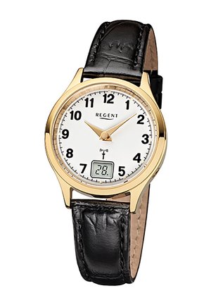 Montre-bracelet analogique à boîtier doré avec cadran blanc, chiffres noirs, bracelet en cuir noir et affichage numérique de la date indiquant le 28.