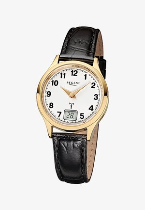 Montre-bracelet analogique à boîtier doré avec cadran blanc, chiffres noirs, bracelet en cuir noir et affichage numérique de la date indiquant le 28.