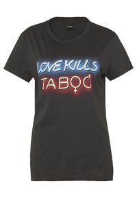 Černé bavlněné tričko s neonovým textem, na kterém je nápis "LOVE KILLS" v modré a "TABOO" v žluté barvě, s pozadím v růžovém a červeném gradientu.