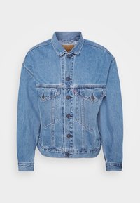Light blue denim jacket featuring a button-up front, two chest pockets, and a classic collar. Distressed texture and stitching details visible.