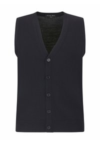 Cardigan senza maniche di colore blu navy realizzato in morbido materiale a maglia, caratterizzato da un profondo scollo a V, chiusura con sei bottoni e orlo a coste per un tocco in più.
