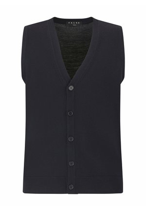 Marinefarbener ärmelloser Cardigan aus weichem Strickmaterial, mit einem tiefen V-Ausschnitt, sechs Knopfverschluss und geripptem Saum für zusätzliche Details.
