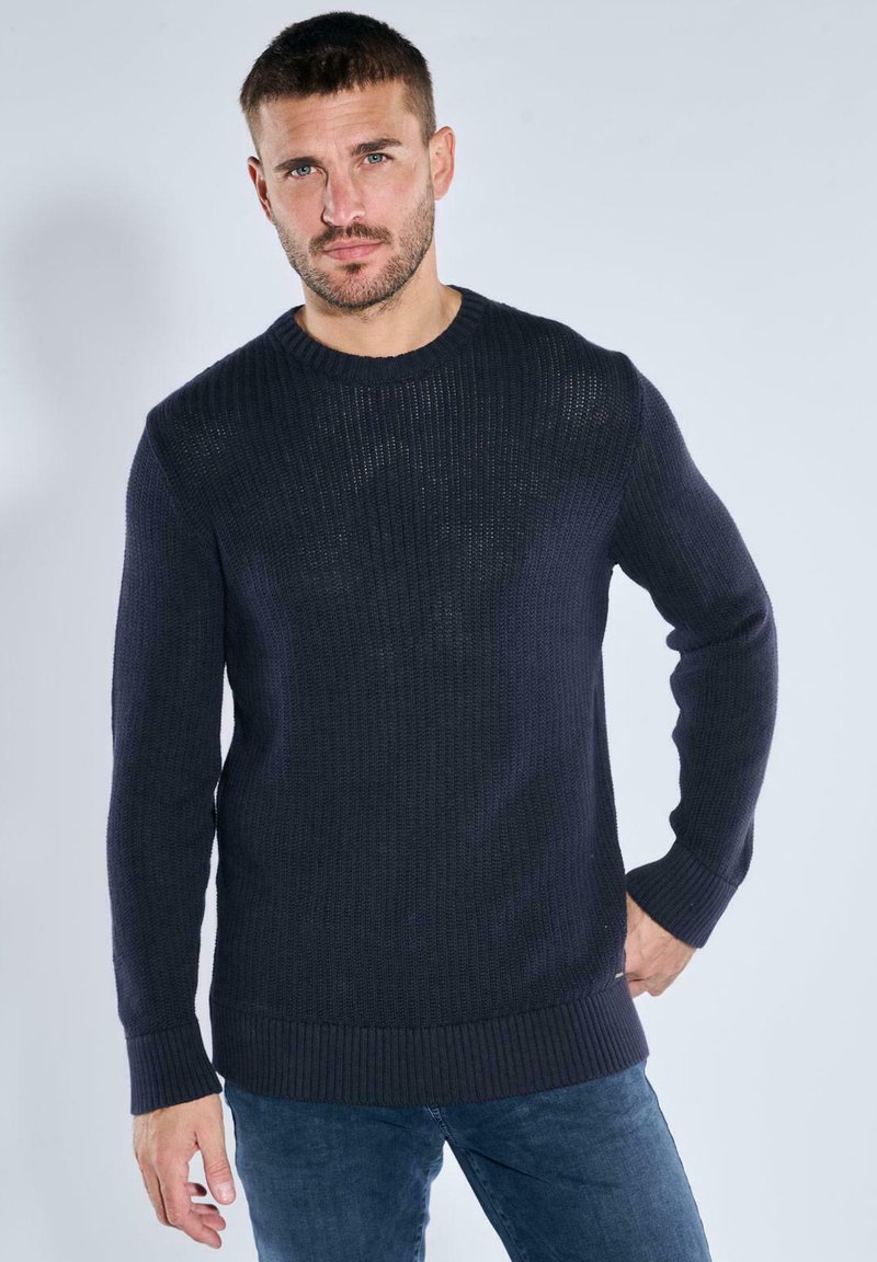 Mann mit kurzen Haaren und Bart, der einen dunkelblauen Strickpullover und blaue Jeans trägt und vor einem hellgrauen Hintergrund steht.