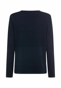 Dunkelblauer Strickpullover mit langen Ärmeln, ausgestattet mit einer gerippten Textur und einem Rundhalsausschnitt. Einfaches und nahtloses Rückenteil ohne zusätzliche Details.