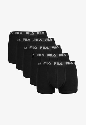 Five pairs of men's black cotton boxer shorts, featuring an elastic waistband with white "FILA" logo. Simple, functional design with minimal detailing.