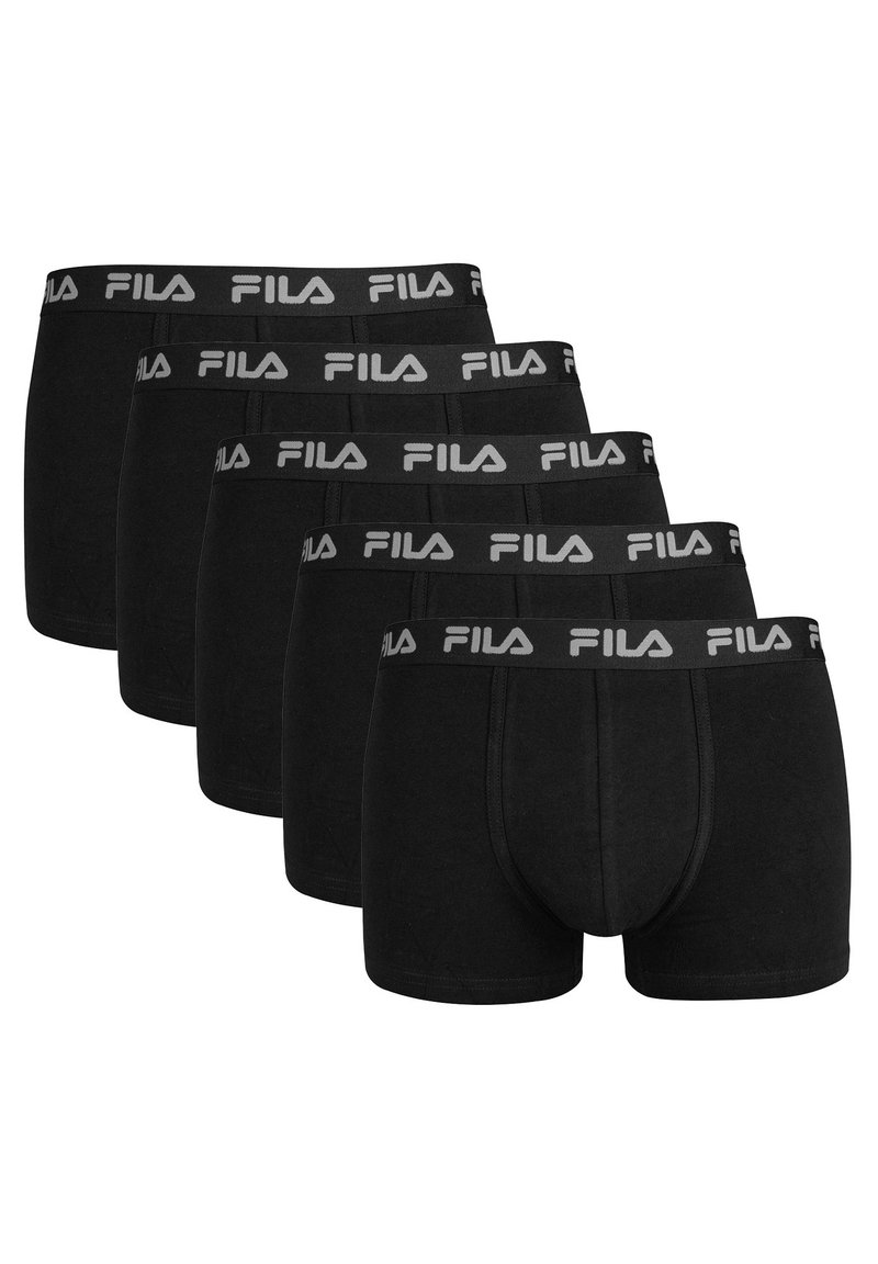Cinque paia di boxer in cotone nero da uomo, con cintura elastica e logo "FILA" bianco. Design semplice e funzionale con dettagli minimi.