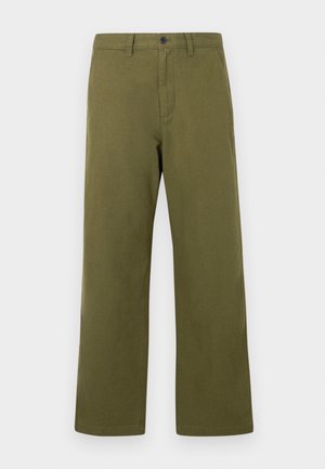 Olive green trousers made of cotton, featuring a straight leg design, front button closure, and belt loops. Minimalist style with no patterns.