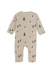 Combinaison beige avec des manches longues, motifs ludiques de lapins et d'arbres, d'une texture douce et dotée de boutons-pression pour un habillage facile.