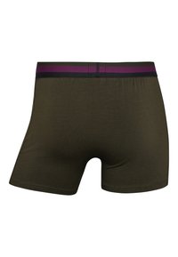 Boxer da uomo verde oliva con una cintura elastica a strisce viola e nere. Tessuto liscio e design aderente senza motivi visibili.