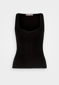 Černý žebrovaný top bez rukávů s výstřihem do V. Látka má hladkou strukturu a přiléhavý střih.