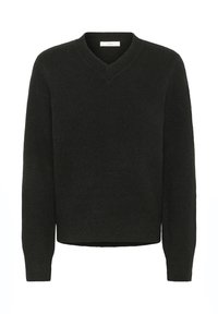 Black v-neck sweater made of soft knit fabric. Features long sleeves and a relaxed fit, with a smooth texture and minimal detailing.