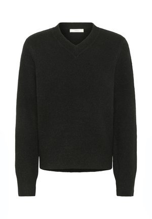 Maglione nero a scollo a V realizzato in morbido tessuto a maglia. Caratterizzato da maniche lunghe e una vestibilità rilassata, con una superficie liscia e dettagli minimi.