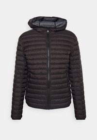 Černá péřová bunda s kapucí, prošívanou strukturou, předním zipem a bočními kapsami. Hladká vnitřní podšívka v šedé barvě.