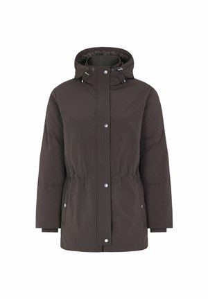Brown insulated jacket with a hood, elastic waist, and snap closures. Smooth fabric texture with a simple, functional design.