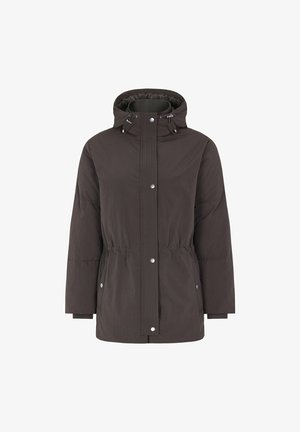 Pruun isoleeritud jakk kapuutsiga, elastse vöökohaga ja nupsude sulgemisega. Sile kangastekstuuri ja lihtsa, funktsionaalse disainiga.