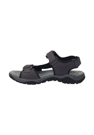 Gray leather sandal with adjustable straps, black accents, cushioned footbed, textured rubber sole, and open design for breathability.