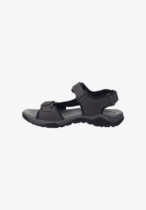 Gray leather sandal with adjustable straps, black accents, cushioned footbed, textured rubber sole, and open design for breathability.