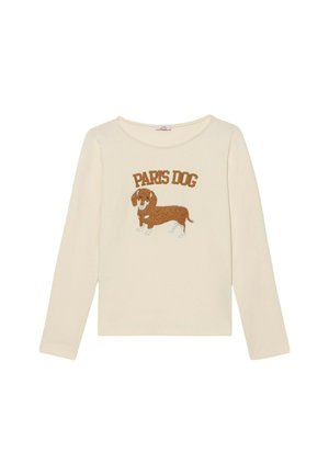 Crème lange mouwen shirt met een bruin geborduurde teckel en de tekst "PARIS DOG" in bruin boven het ontwerp. Zacht katoenen stof.