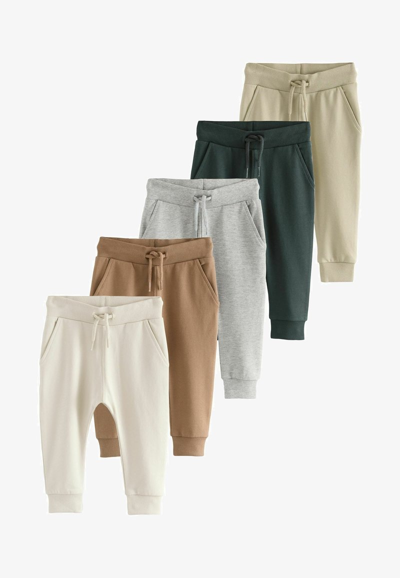 Five pairs of toddler sweatpants in cream, brown, light gray, dark green, and beige, each with elastic waistbands and drawstrings.