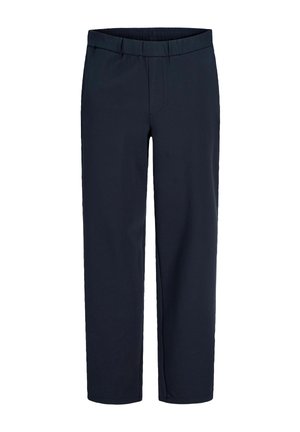 Marineblauwe broek met rechte pijpen, elastische tailleband en eenvoudig voorkantontwerp, geschikt voor casual of formeel gebruik.