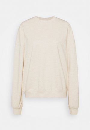 Sweat-shirt beige à manches longues avec col rond, poignets et ourlet côtelés, présenté de face sur fond blanc.
