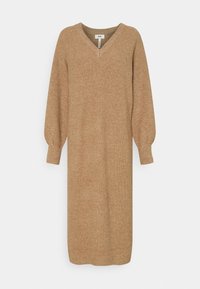 Robe-pull en maille couleur sable avec un col en V, de longues manches bouffantes, une texture côtelée et une silhouette droite longueur genou.