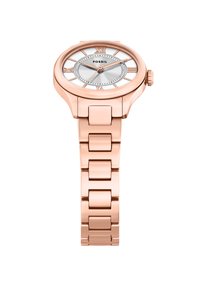 Rose gold metal watch with a round case, Roman numerals, and a silver dial. Link bracelet design features smooth, polished surfaces.