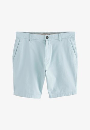 Pantaloncini azzurri realizzati in tessuto misto cotone, con tasche frontali, chiusura con bottoni e design pulito a taglio dritto.