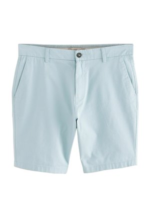 Helle blaue Shorts aus weichem Stoff. Zu den Merkmalen gehören zwei Eingrifftaschen, ein Knopfverschluss vorne und eine gerade Schnittform. Schlichtes Design ohne Muster.
