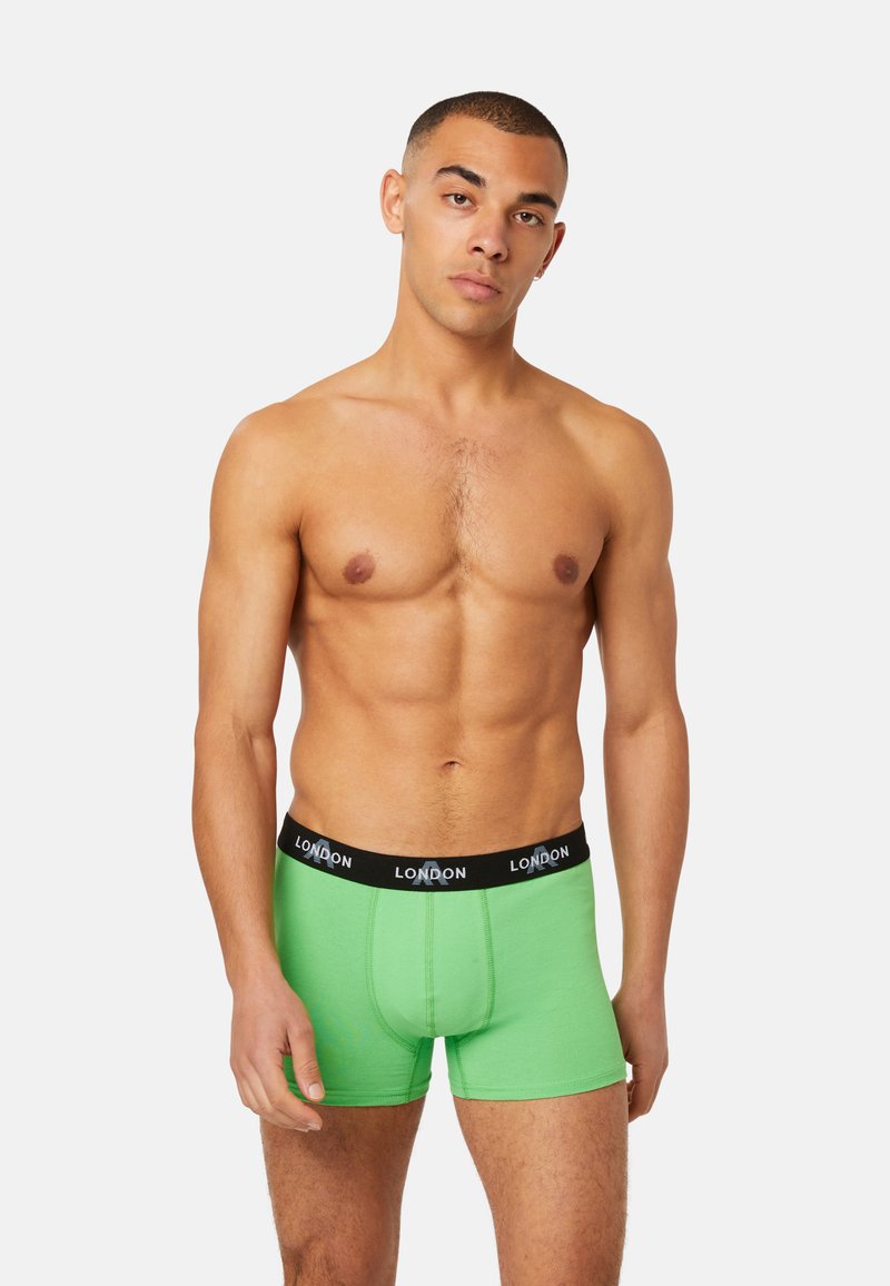 Bright green cotton boxer briefs with a black waistband featuring "LONDON" logo. Close-fitting design with a smooth texture and no additional patterns.