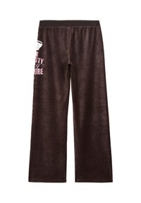 Braune plüschige Loungehosen mit weitem Bein und elastischem Bund. Mit pinkem Textdruck auf einer Seite. Weicher Stoff.