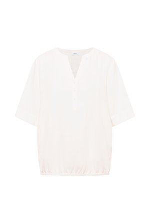 Biała bluzka z krótkim rękawem, dekoltem w serek i trzema guzikami, elastycznym dołem i prostym, luźnym fasonem.